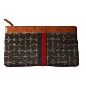 Kate Spade Wristlet Leather Trimmed Printed‎ Tile Weaved Fabric Brown Tan